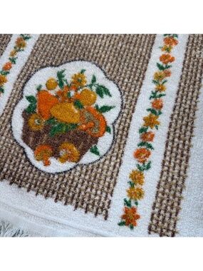 Vintage Cannon Kitchen Hand Towel Fringe Mushroom Fruit Brown Orange Gold 70s